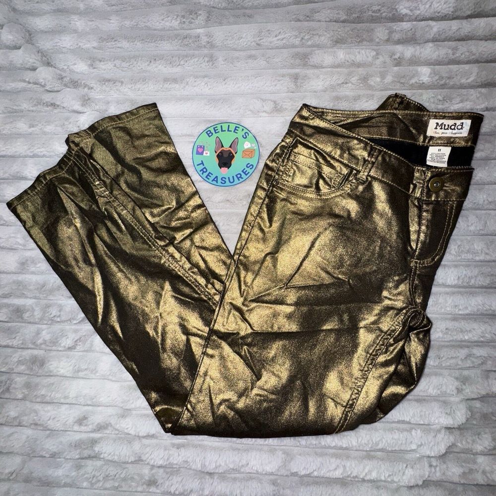 Mudd Size 11 Juniors Pants Metallic Gold Bronze Stretch Straight Y2K Shimmer 90s